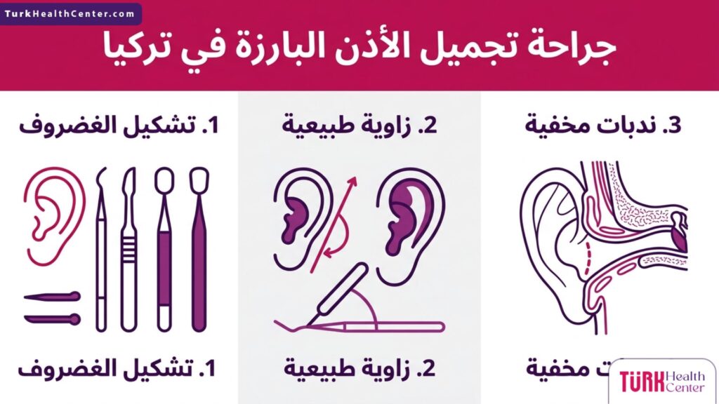 إنفوجرافيك تعليمي يستعرض 3 خطوات أساسية وفوائد في جراحة تجميل الأذن البارزة في تركيا.