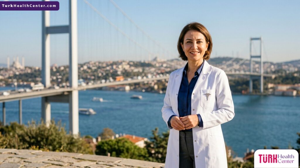 طبيب تجميل متخصص في جراحة تجميل الأذن البارزة في تركيا يقف أمام جسر البوسفور في اسطنبول.