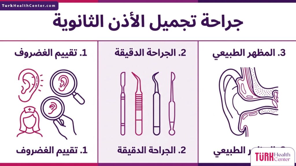 إنفوجرافيك طبي مقسم إلى ثلاث مراحل يشرح خطوات جراحة تجميل الأذن الثانوية