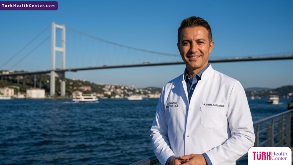 جراح تجميل متخصص يقف بثقة أمام جسر البوسفور في إسطنبول لتقديم استشارات جراحة تجميل الأذن الثانوية