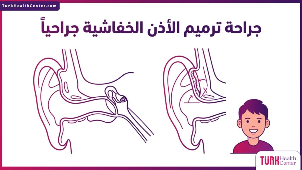 إنفوجرافيك طبي يوضح البنية التشريحية لغضاريف الأذن خلال جراحة ترميم الأذن الخفاشية جراحياً.