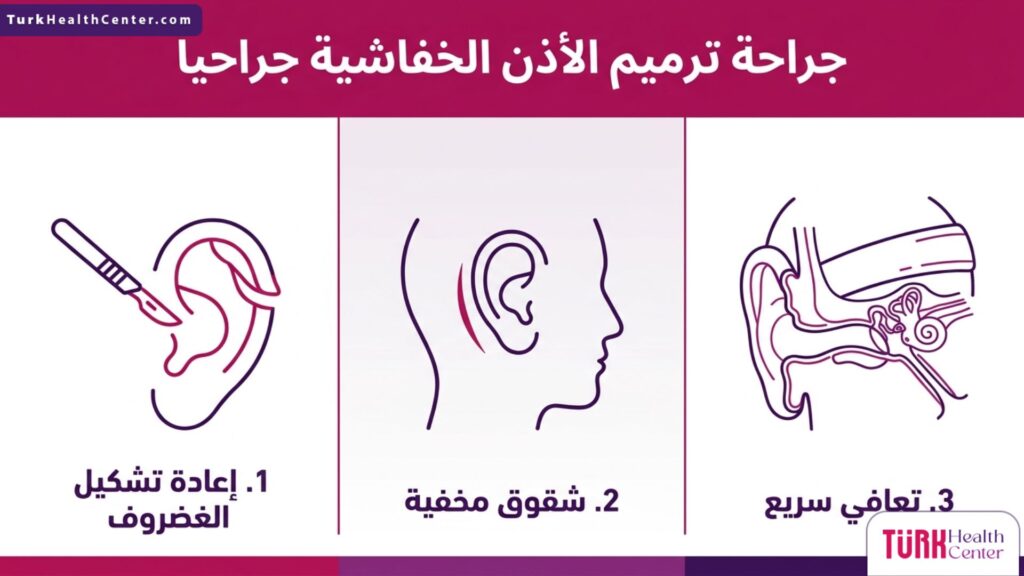 مخطط تفصيلي لثلاث خطوات أساسية ومزايا في جراحة ترميم الأذن الخفاشية جراحياً.
