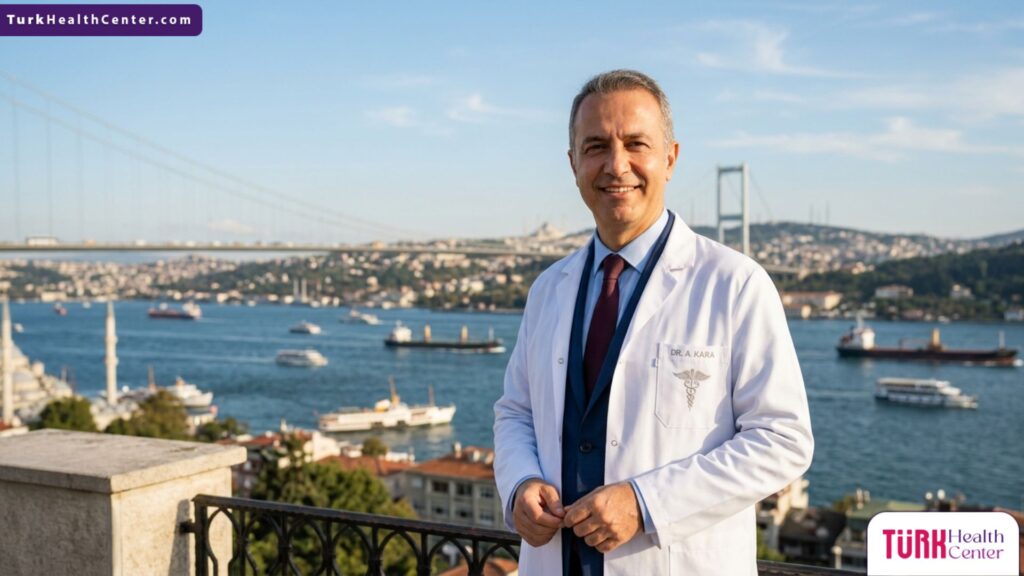طبيب تجميل متخصص في جراحة ترميم الأذن الخفاشية جراحياً يقف أمام جسر البوسفور في إسطنبول.