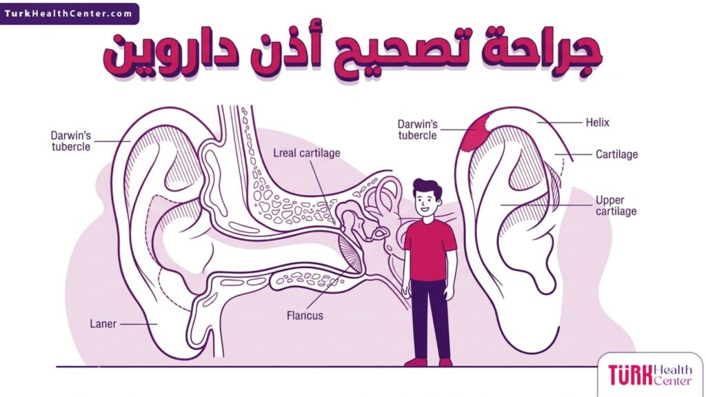 تصميم إنفوجرافيك طبي يوضح التركيب التشريحي للغضروف في جراحة تصحيح أذن داروين