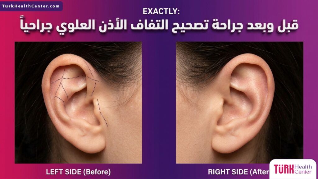 صورة مقسمة تظهر الأذن قبل وبعد جراحة تصحيح التفاف الأذن العلوي جراحياً مع التخطيط الطبي الدقيق والنتيجة المثالية.