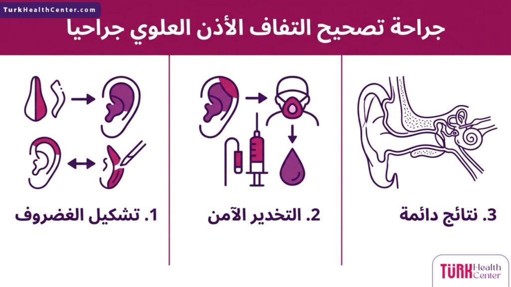 إنفوجرافيك طبي مفصل يشرح خطوات ومميزات جراحة تصحيح التفاف الأذن العلوي جراحياً.