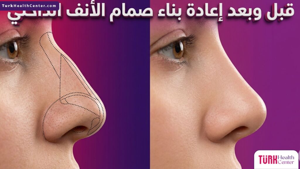 مقارنة قبل وبعد جراحة تصغير أرنبة الأنف توضح تحسن شكل وتناسق الأنف.