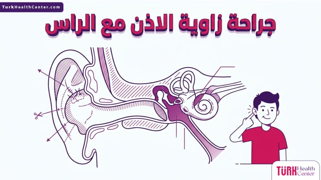 إنفوجرافيك تشريحي دقيق يوضح تركيبة غضروف الأذن الداخلي والتعديلات التي تتم خلال جراحة زاوية الاذن مع الراس.