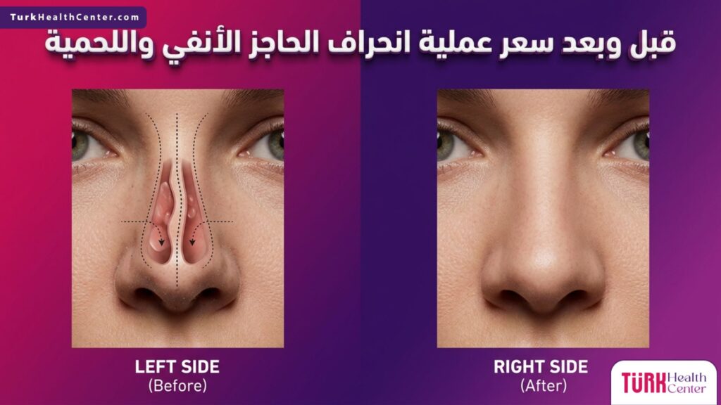 صورة مقسمة لقبل وبعد توضح التغيرات التشريحية الوظيفية التي تفسر أهمية معرفة سعر عملية انحراف الحاجز الأنفي واللحمية.