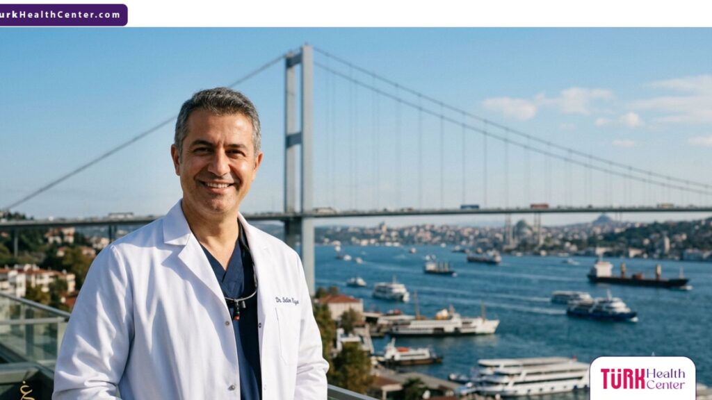 طبيب جراحة تجميل متخصص في علاج بروز الأذن في تركيا يقف بثقة أمام جسر البوسفور في إسطنبول.
