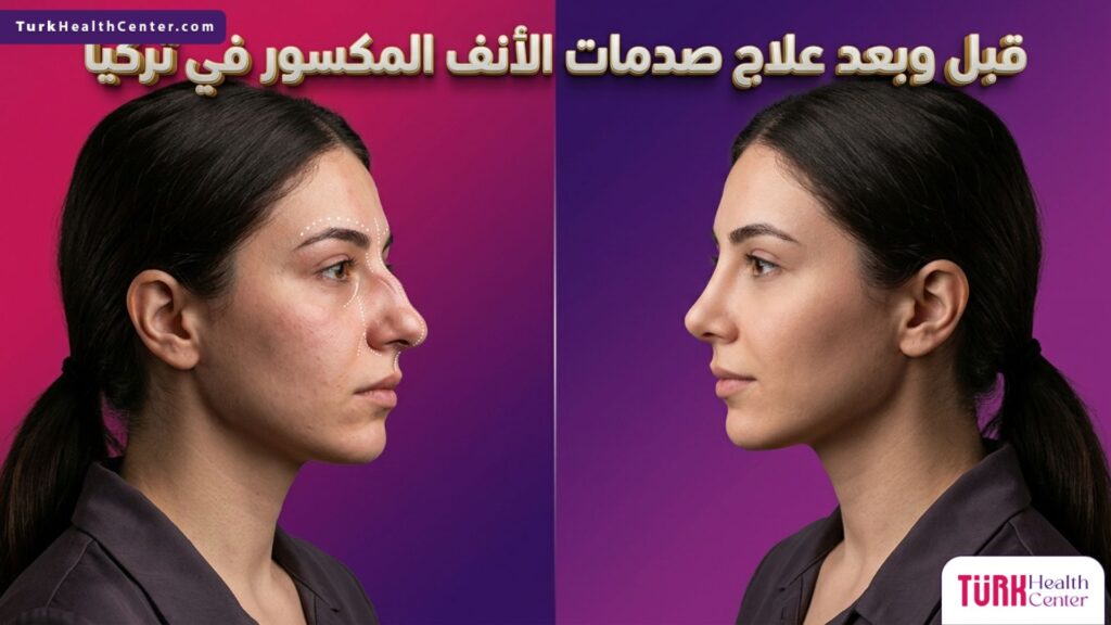 مقارنة قبل وبعد نتائج علاج صدمات الأنف المكسور في تركيا واستعادة استقامة الأنف