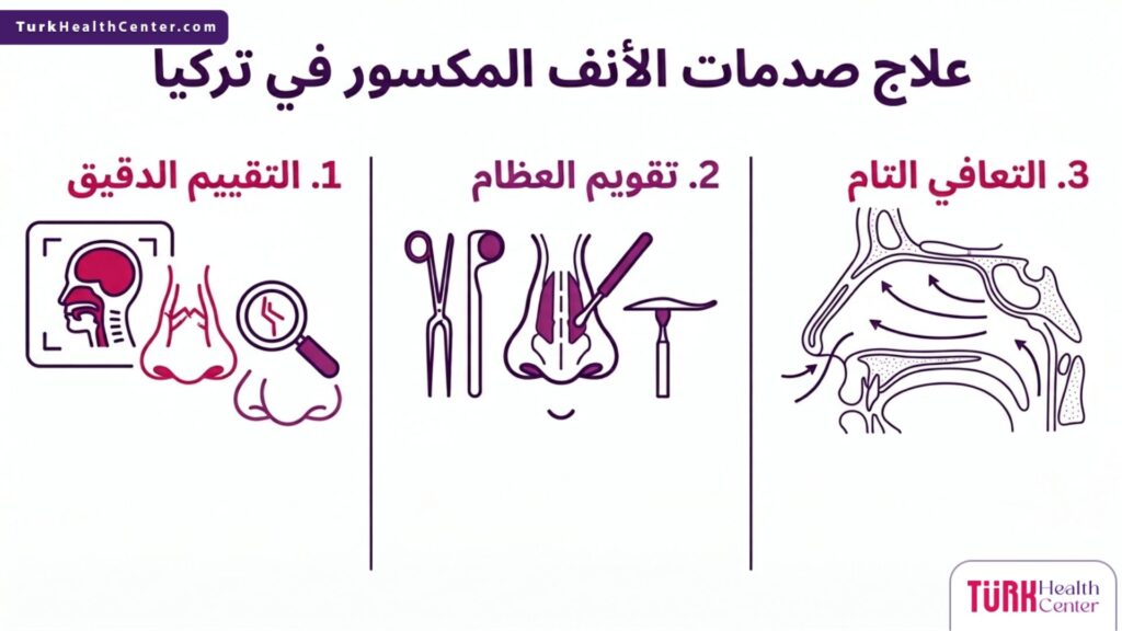إنفوجرافيك يوضح خطوات التعافي ومراحل علاج صدمات الأنف المكسور في تركيا