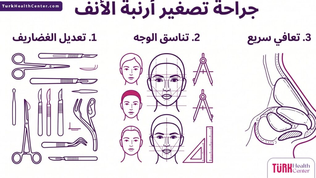 إنفوجرافيك يوضح فوائد وخطوات جراحة تصغير أرنبة الأنف.