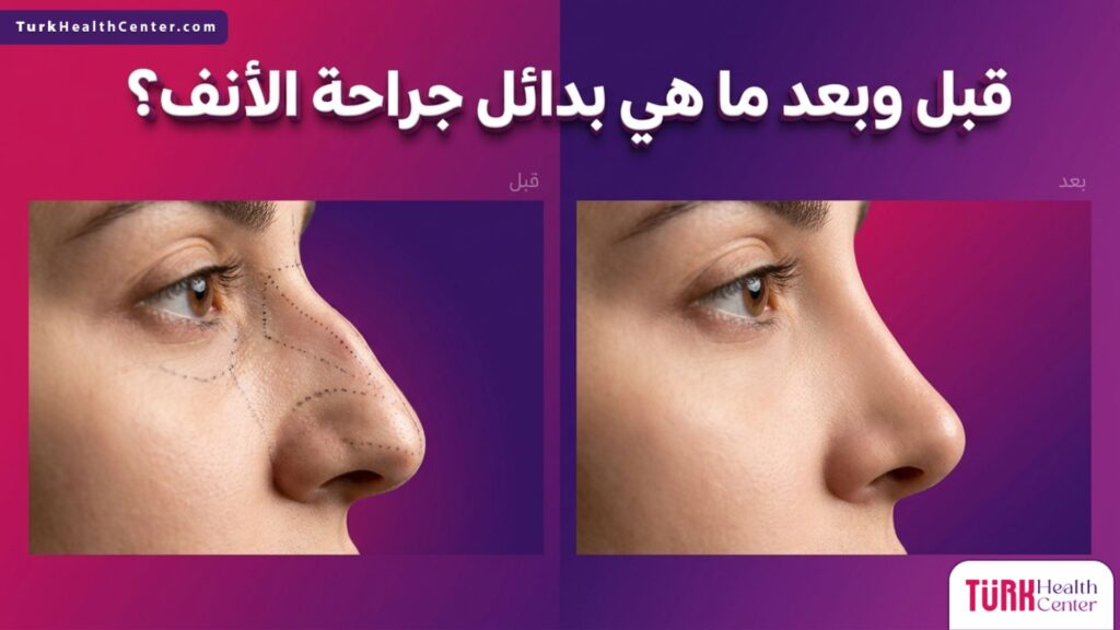 صورة قبل وبعد توضح نتائج تقنيات الفيلر والخيوط كإجابة لسؤال ما هي بدائل جراحة الأنف؟.
