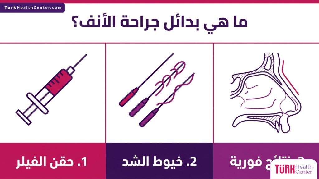 إنفوجرافيك مقسم لثلاثة أجزاء يستعرض خيارات حقن الفيلر وخيوط الشد كإجابة لتساؤل ما هي بدائل جراحة الأنف؟.