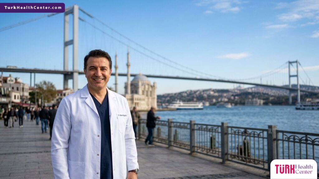 طبيب تجميل يقف بثقة أمام جسر البوسفور في اسطنبول لتوضيح ما هي بدائل جراحة الأنف؟ في تركيا.