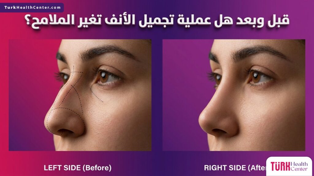 مقارنة قبل وبعد تظهر تفاصيل هل عملية تجميل الأنف تغير الملامح؟ وتأثيرها على تناسق الوجه.