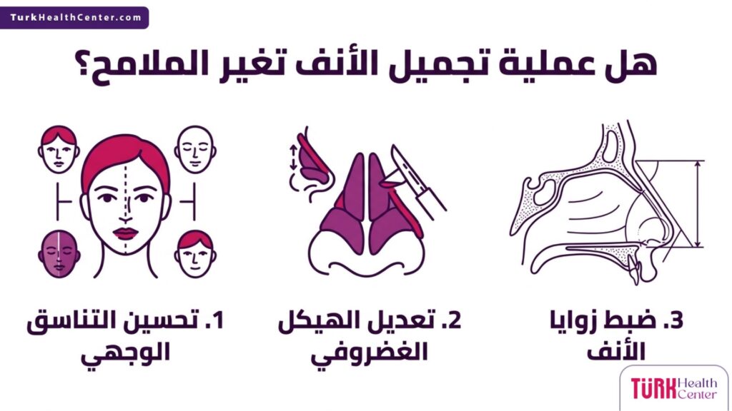 إنفوجرافيك طبي شامل يجيب على سؤال هل عملية تجميل الأنف تغير الملامح؟ ويوضح خطوات تعديل الهيكل الأنفي.