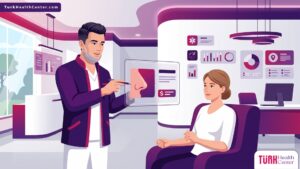 رسم توضيحي حديث يظهر طبيباً يشرح أسعار تجميل الأنف في تركيا لمريض داخل عيادة راقية مع استخدام ألوان متناسقة 