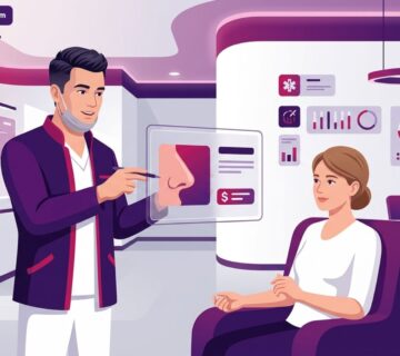 رسم توضيحي حديث يظهر طبيباً يشرح أسعار تجميل الأنف في تركيا لمريض داخل عيادة راقية مع استخدام ألوان متناسقة 