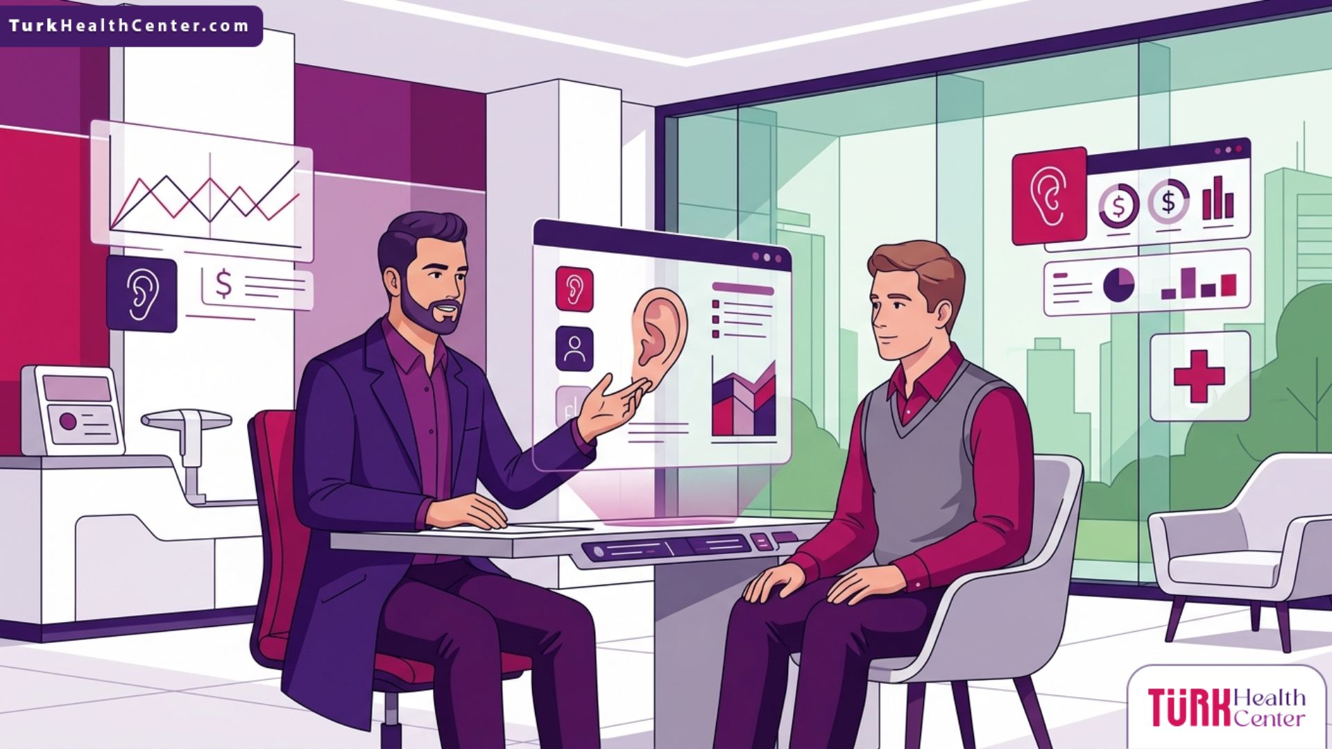 رسوم توضيحية لعيادة طبية حديثة تشرح أسعار عمليات تجميل الأذن للرجال في تركيا بالتفصيل 