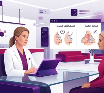 طبيب متخصص يشرح لمريض في عيادة فخمة الفرق بين تجميل الأنف بالخيوط والجراحة الدائمة