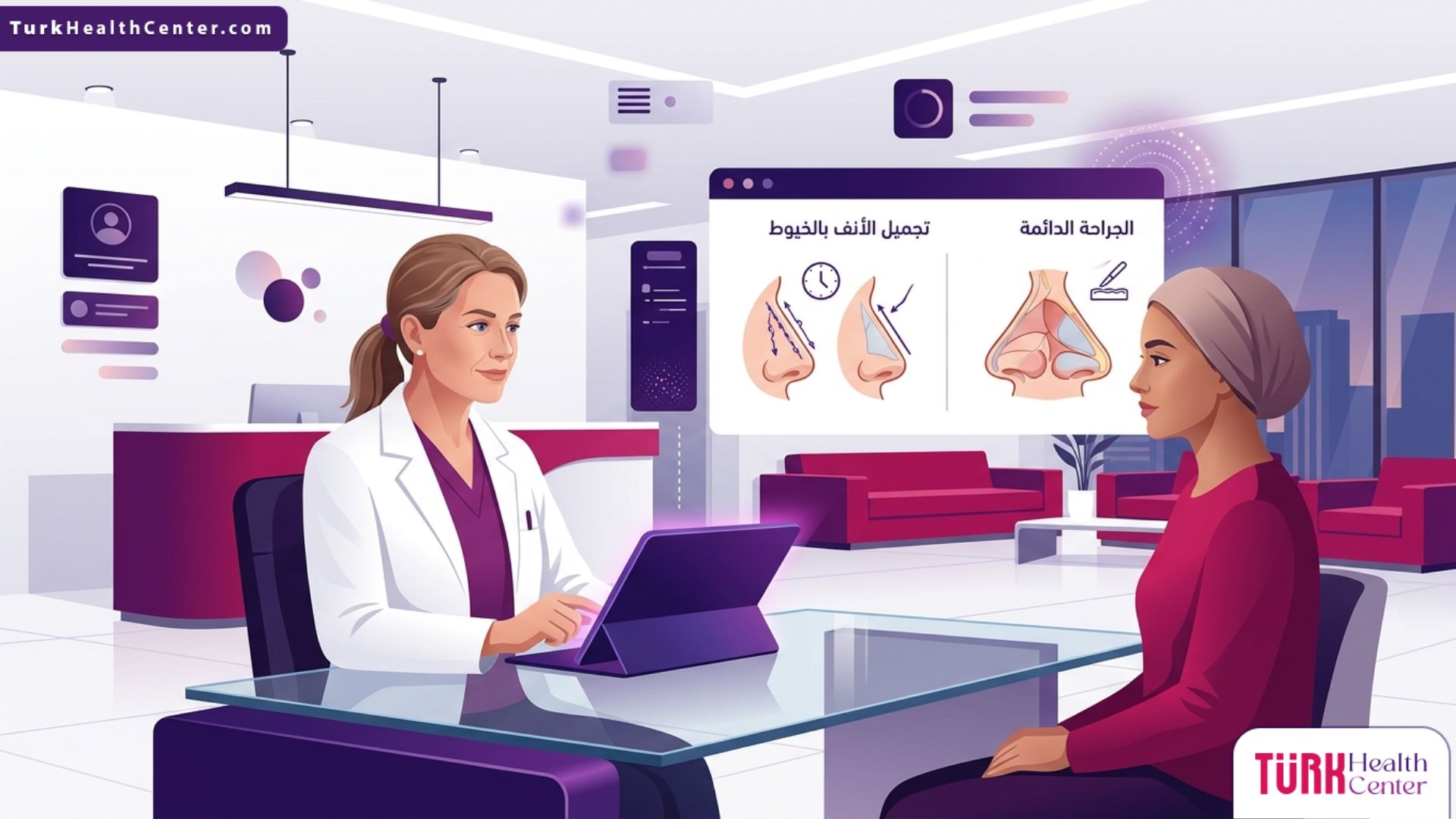 طبيب متخصص يشرح لمريض في عيادة فخمة الفرق بين تجميل الأنف بالخيوط والجراحة الدائمة
