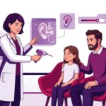 رسم توضيحي يظهر طبيباً يشرح تفاصيل تجميل الأذن بالليزر للأطفال في عيادة طبية حديثة 