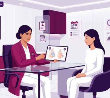 رسم توضيحي طبي متقدم لطبيب يشرح خطوات تجميل الأنف التحفظي لمريض داخل عيادة فاخرة 