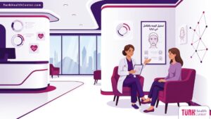 رسم توضيحي متجهي فاخر لطبيب يشرح تفاصيل تجميل الوجه بالكامل في تركيا لمريض داخل عيادة حديثة 