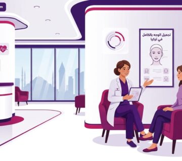 رسم توضيحي متجهي فاخر لطبيب يشرح تفاصيل تجميل الوجه بالكامل في تركيا لمريض داخل عيادة حديثة 