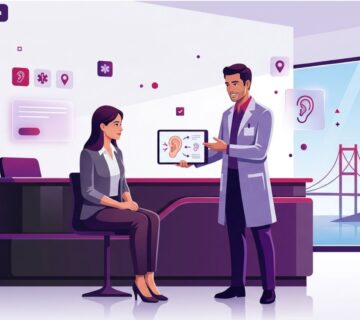 رسم توضيحي لطبيب يشرح إجراءات ترميم صيوان الأذن في تركيا لمريض في عيادة طبية حديثة ومتقدمة 