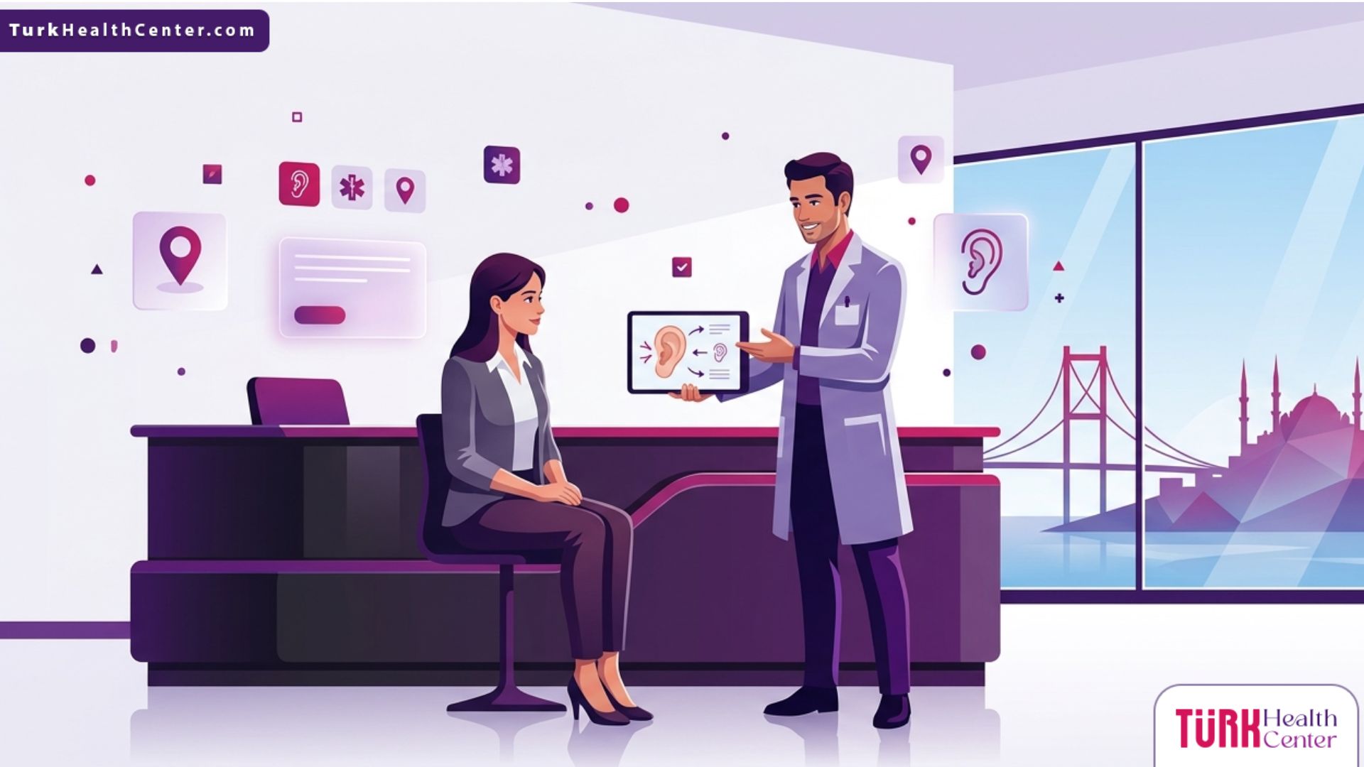 رسم توضيحي لطبيب يشرح إجراءات ترميم صيوان الأذن في تركيا لمريض في عيادة طبية حديثة ومتقدمة 