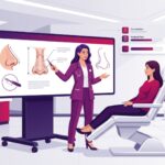 رسم توضيحي يظهر طبيباً يشرح تفاصيل إجراء تصغير خياشيم الأنف في تركيا لمريض داخل عيادة طبية فاخرة 