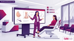 رسم توضيحي يظهر طبيباً يشرح تفاصيل إجراء تصغير خياشيم الأنف في تركيا لمريض داخل عيادة طبية فاخرة 