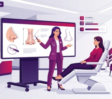 رسم توضيحي يظهر طبيباً يشرح تفاصيل إجراء تصغير خياشيم الأنف في تركيا لمريض داخل عيادة طبية فاخرة 