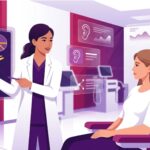 رسم توضيحي للطبيب يشرح تقنية الخيوط الذهبية لتجميل الاذن للمريض في عيادة فخمة
