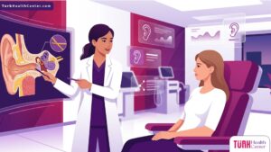 رسم توضيحي للطبيب يشرح تقنية الخيوط الذهبية لتجميل الاذن للمريض في عيادة فخمة