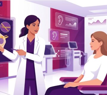 رسم توضيحي للطبيب يشرح تقنية الخيوط الذهبية لتجميل الاذن للمريض في عيادة فخمة