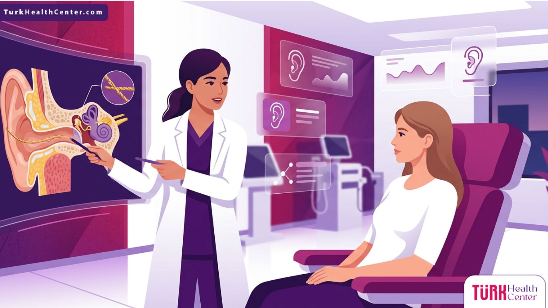 رسم توضيحي للطبيب يشرح تقنية الخيوط الذهبية لتجميل الاذن للمريض في عيادة فخمة