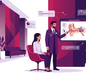 رسم توضيحي يوضح طبيب يشرح للمريض تفاصيل وتكلفة جراحة الأذن في تركيا داخل عيادة حديثة 