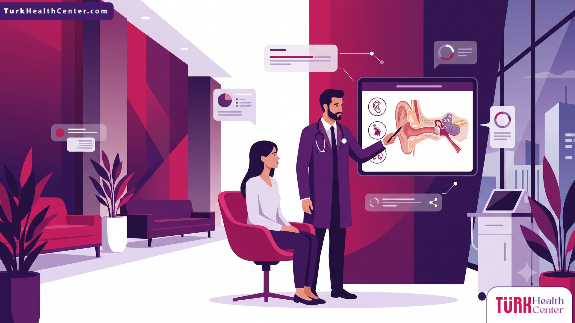 رسم توضيحي يوضح طبيب يشرح للمريض تفاصيل وتكلفة جراحة الأذن في تركيا داخل عيادة حديثة 