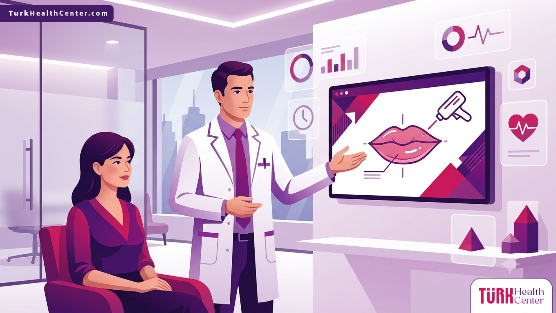 طبيب خبير يشرح تفاصيل وإجراءات توريد الشفايف بالليزر في تركيا داخل عيادة تجميل حديثة 