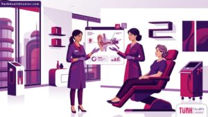رسم توضيحي لطبيب يشرح تفاصيل جراحة إعادة بناء قناة الأذن التجميلية لمريض داخل عيادة فخمة