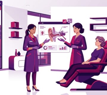 رسم توضيحي لطبيب يشرح تفاصيل جراحة إعادة بناء قناة الأذن التجميلية لمريض داخل عيادة فخمة
