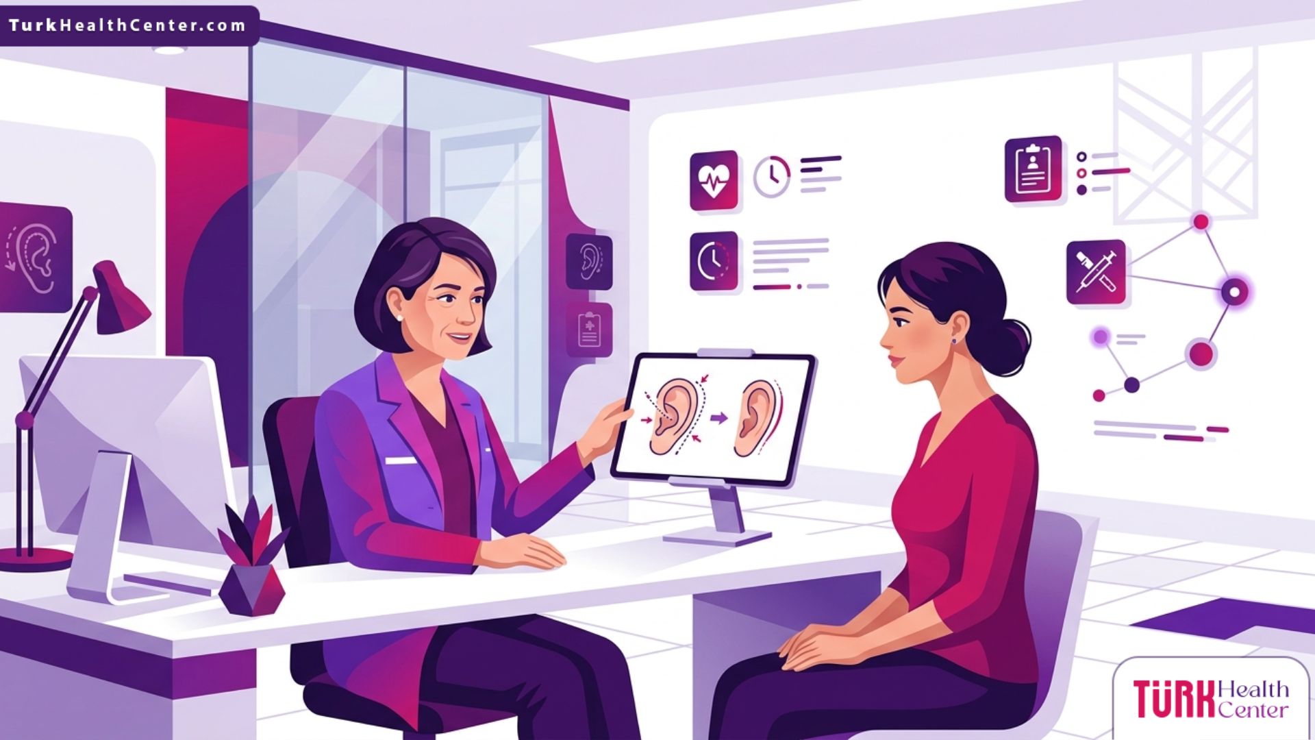 رسم فيكتور حديث لعيادة طبية يوضح استشارة حول جراحة تجميل الأذن البارزة في تركيا 
