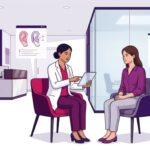 رسم توضيحي يظهر طبيباً يشرح تفاصيل جراحة تجميل الأذن الثانوية لمريض داخل عيادة طبية فاخرة