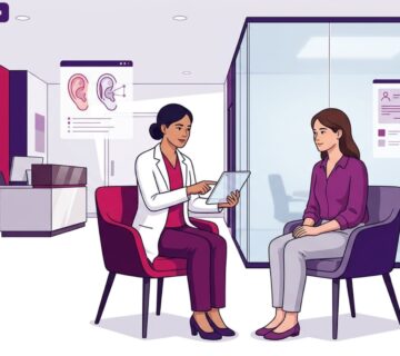 رسم توضيحي يظهر طبيباً يشرح تفاصيل جراحة تجميل الأذن الثانوية لمريض داخل عيادة طبية فاخرة