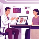 رسم توضيحي طبيب يشرح خطوات جراحة ترميم الأذن الخفاشية جراحياً لمريض في عيادة فخمة 