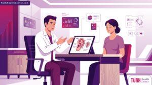 رسم توضيحي طبيب يشرح خطوات جراحة ترميم الأذن الخفاشية جراحياً لمريض في عيادة فخمة 